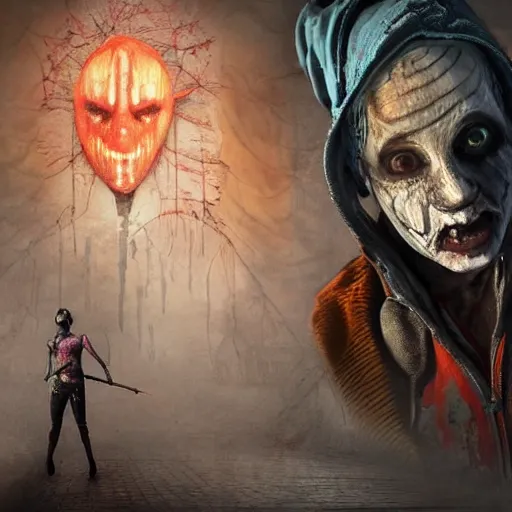 Image similar to the trickster from dead by daylight, artstation hall of fame gallery, editors choice, #1 digital painting of all time, most beautiful image ever created, emotionally evocative, greatest art ever made, lifetime achievement magnum opus masterpiece, the most amazing breathtaking image with the deepest message ever painted, a thing of beauty beyond imagination or words, 4k, highly detailed, cinematic lighting