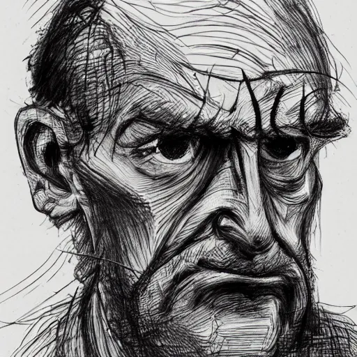 Image similar to a realistic yet scraggly portrait sketch of the side profile of a stern and sophisticated eustace bagge, trending on artstation, intricate details, in the style of frank auerbach, in the style of sergio aragones, in the style of martin ansin, in the style of david aja, in the style of mattias adolfsson