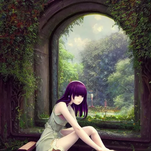 Image similar to beautiful young girl in intricate clothing, sitting on a bench of an overgrown abandoned castle, reflections, very high intricate details, painting, digital anime art, medium shot, mid - shot, wlop, ilya kuvshinov, artgerm, krenz cushart, greg rutkowski, sana takeda