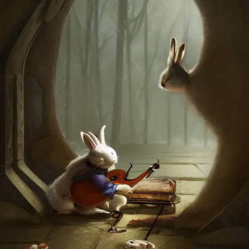 Image similar to An anthropomorphic rabbit plays the lute, highly detailed, artstation, greg rutkowski