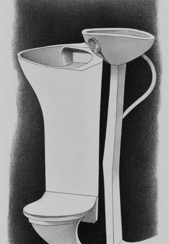 Prompt: a concept drawing of an upside down surrealist white urinal sculpture by marcel duchamp, dada, conceptual art