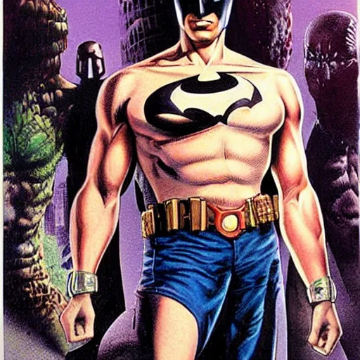 Image similar to young jeff goldblum as bruce wayne, muscular, batman t shirt, joe jusko, boris vallejo