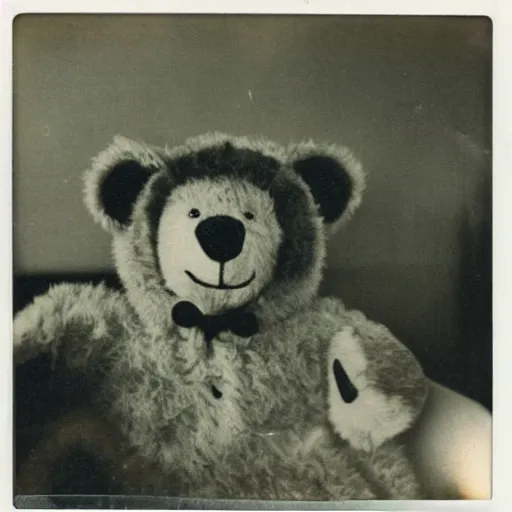 Prompt: a very beautiful old polaroid picture of a creepy teddy bear in a bedroom, award winning photography