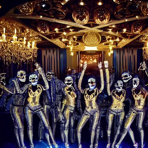 Image similar to professional nightclub photo, a giant crowd of realistic shiny reflective chrome skeletons covered in diamonds dancing wildly and sensually, inside a black and gold fancy high end highly themed rococo nightclub with fog and blue lasers