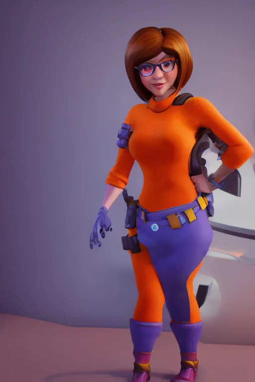 Image similar to Velma from Scooby Doo, overwatch main character Blizzard pixar 3d maya engine on stylized background splash comics global illumination lighting,