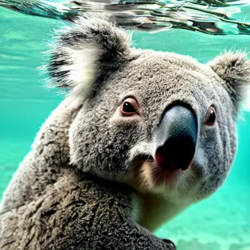 Image similar to koala swimming under water with his friend a frog