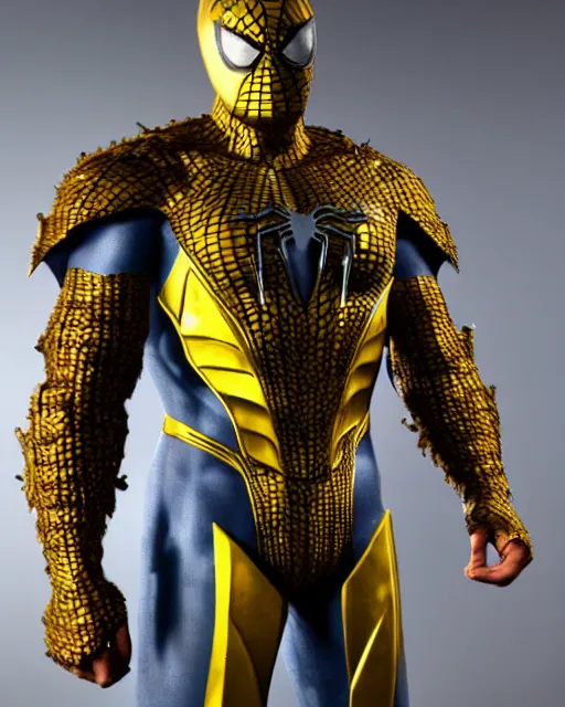 Prompt: super detailed photo realistic brute armor designed at horizon labs to help protect peter after the loss of his spider - sense, black and yellow spiderman suit