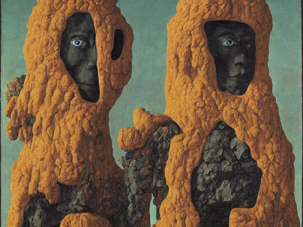 Image similar to Portrait of albino mystic with blue eyes, with totemic archaic mask made from hard lava stone. Painting by Jan van Eyck, Audubon, Rene Magritte, Agnes Pelton, Max Ernst, Walton Ford