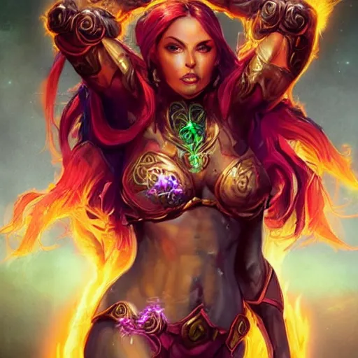 Image similar to front portrait hands behinds pose of attractive Starfire with ginger wavy hair, hands behind her pose!, Intricate overlay flames imagery , D&D!, fantasy style, sharp focus!, ultra detailed, art by Artgerm and Peter Andrew Jones, WLUP