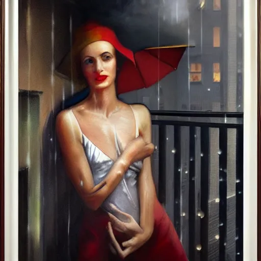 Image similar to oil painting of realistic woman, 1 9 3 0 s decopunk penthouse balcony, rain and smoke, dramatic lighting, tech noir, wet skin, atmospheric, ambient, rupert everton, wlop, george tooker, alexis flower, hopper, livia prima,