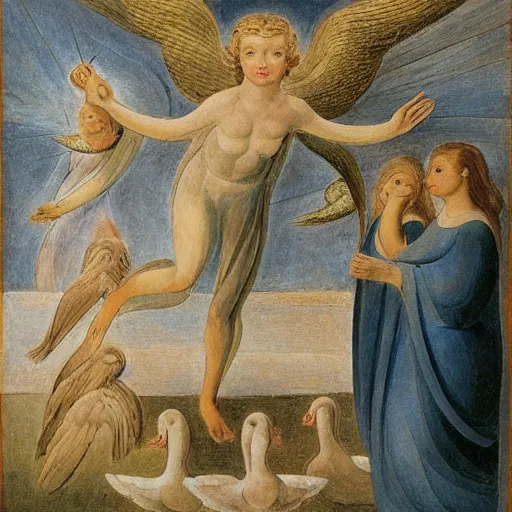 Image similar to biblical angel with ducks, by jean deville, by william blake, oil on canvas