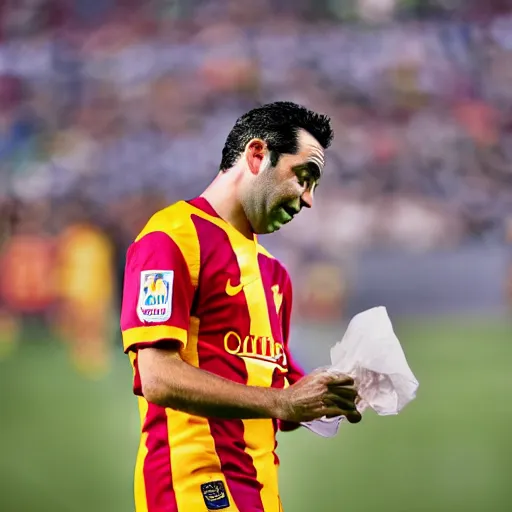 Prompt: High quality photograph picture of Xavi Hernandez smelling grass on Camp Nou