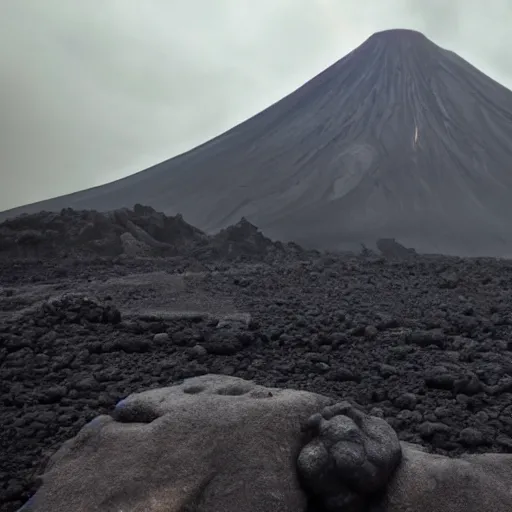 Prompt: a dark volcano in a misty dark land with lava rivers, surrounded by giant walls of dark iron, haunting mysterious movie still