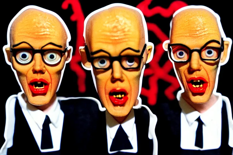 Prompt: image of gilbert and george being possessed by the ghost of alan turing, chromatic noise, stop motion vinyl action figure, plastic, toy, butcher billy style