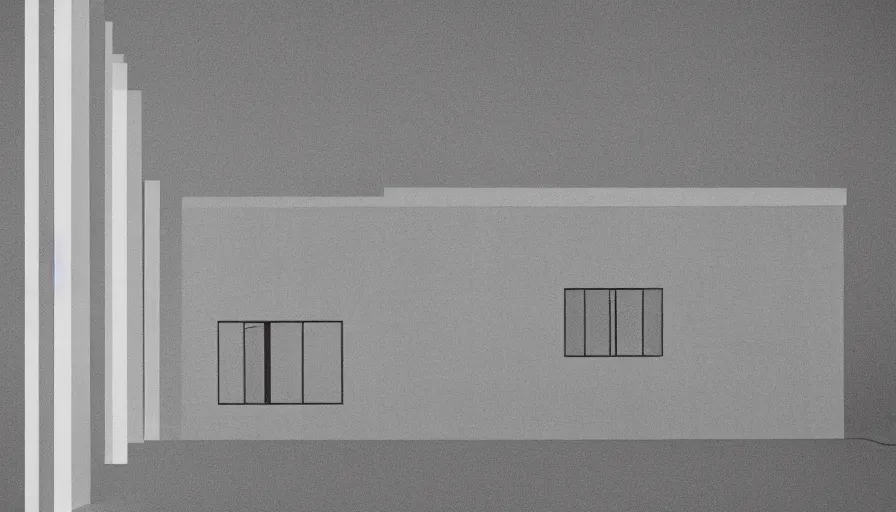 Prompt: minimalist architecture ad in the style of Bauhaus and John Baldessari. Film grain, cinematic, colorized.