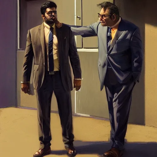 Image similar to portrait of tall indian man in a suit arguing with danny devito outside a bar, elegant, real life skin, intricate artwork, high detailed, artstation, concept art, smooth, sharp focus, art by artgerm and greg rutkowski