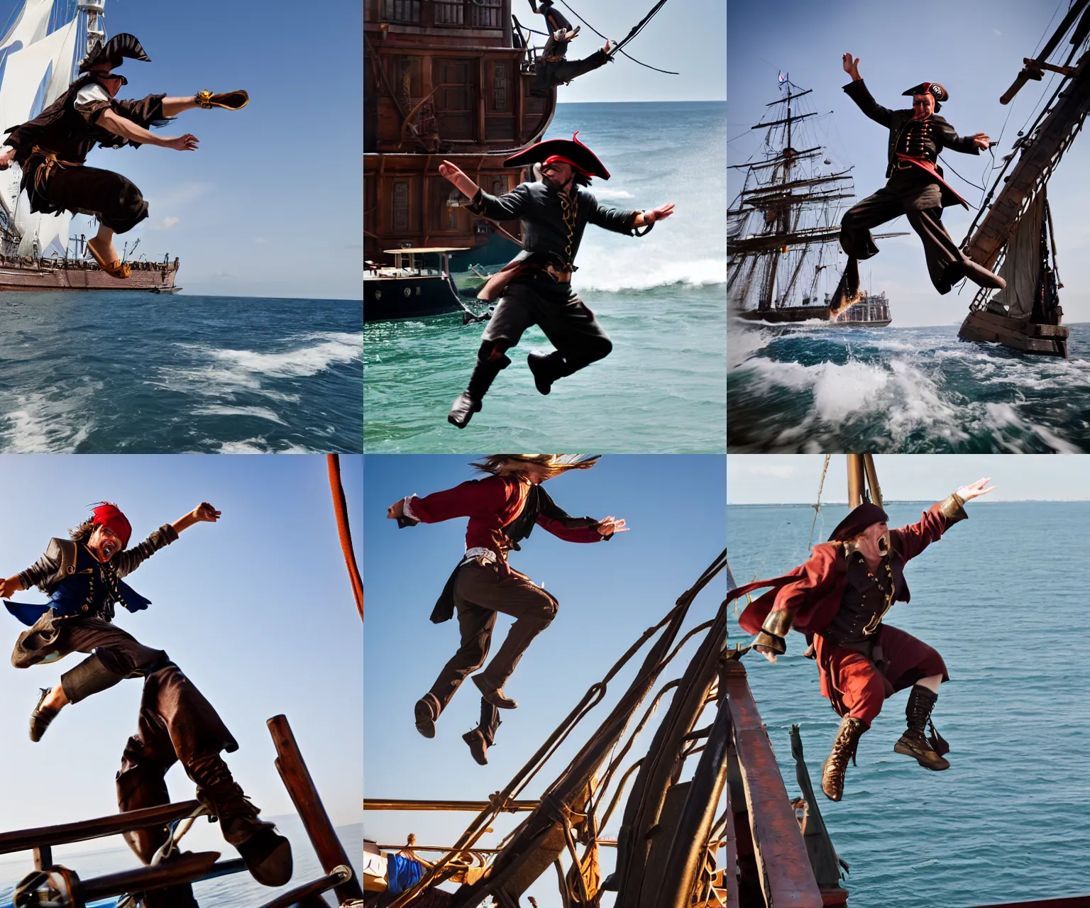 Prompt: action photography of a pirate jumping off the ship, Fast shutter speed, high speed, action photo, 1/1000 sec shutter