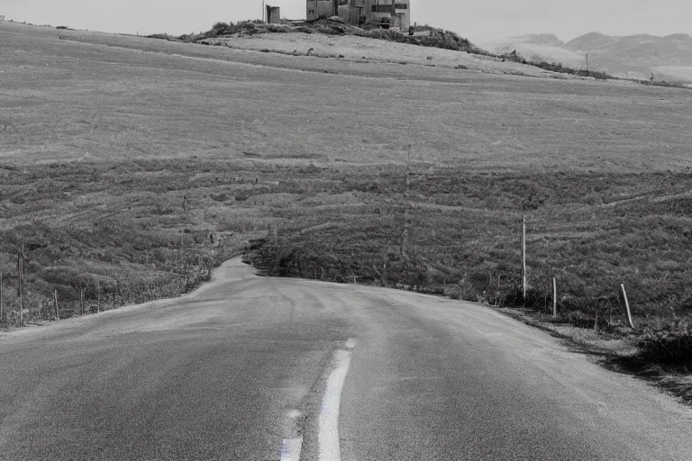 Image similar to looking down road, buildings on both sides. hills background with radio tower on top. telephoto lens compression.