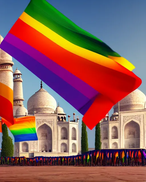 Image similar to gay pride!!!! at taj mahal. high quality photorealistic octane render 4 k, hyperrealism, volumetric fog, serious, cgstation, symmetric