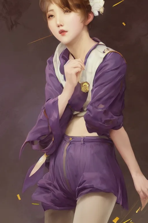 Prompt: Full View of Eunha from Viviz and gFriend with short hair wearing a purple military uniform and puffy silk shorts, white leggings, Golden Ribbon, and a billowy scarf. Rhythmic gymnastics poses. masterpiece 4k digital illustration by Ruan Jia and Mandy Jurgens and Artgerm and greg rutkowski, award winning, Artstation, art nouveau aesthetic, Alphonse Mucha background, intricate details, realistic, panoramic view, Hyperdetailed, 8k resolution, intricate art nouveau