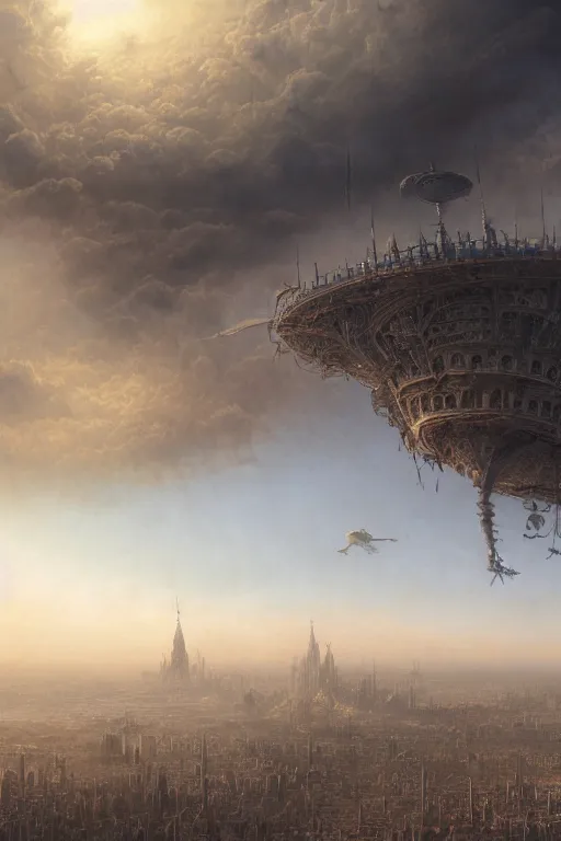 Image similar to a beautiful hyper realistic detailed matte painting of a city floating in the air, flying castle might, vivid color hues, looks like creativity by john howe, greg rutkowski, gustave dore, ferdinand knab, aerial view above a desolate apocalyptic plain, barometric projection, rectilinear, octane render, ellen jewett, beautiful surreal palatial pulsar at dawn