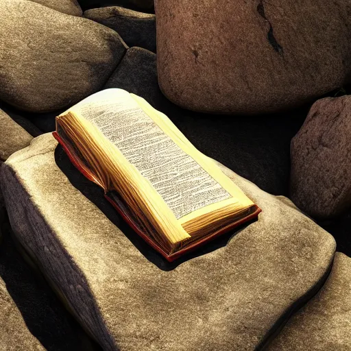 Image similar to photorealistic Bible, on a rock, heavenly light shining onto it, golden light, aura, cgsociety, artstationhq, digital art, detailed