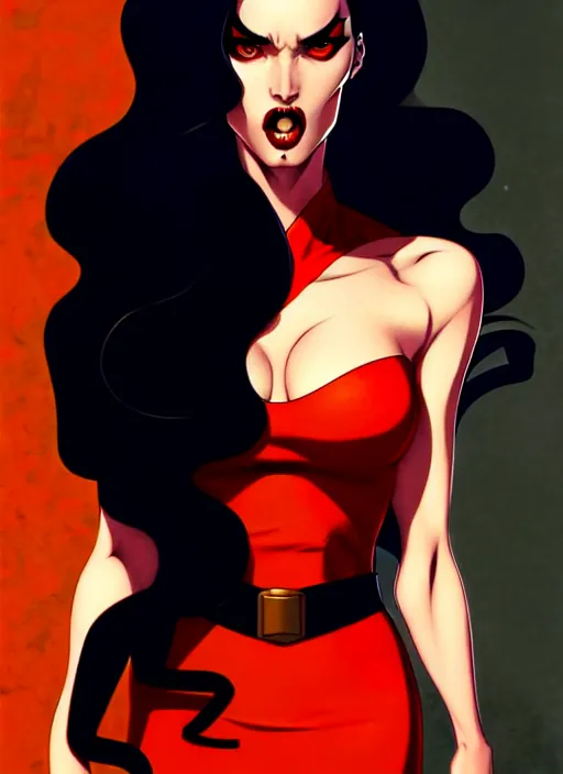 Image similar to artgerm, joshua middleton comic cover art, full body pretty megan fox vampire sharp teeth, red dress, symmetrical eyes, symmetrical face, long curly black hair, dark castle background background, cinematic lighting