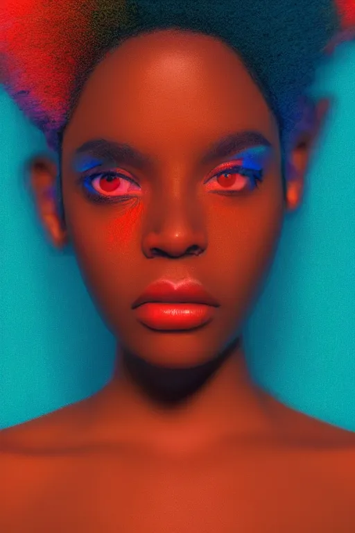 Image similar to insanely moody vaporwave portrait of a gorgeous african beauty, motion blurred background, teal and orange colors, vaporwave, photorealism, cinema still, photography, porcelain skin, smooth, volumetric studio lighting, portrait photography, award winning photography, vray render, insane details, 8 k high definition, artstation