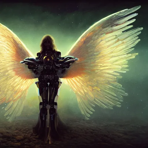 Prompt: UHD candid photo of a robot with angel wings, UHD, photorealistic, real angel wings, correct robot face, photo by Annie Leibowitz, UHD tonalism cosmic painting by Caparo and Ferdinand Knab and Greg Rutkowski, UHD, photorealistic, trending on artstation, trending on deviantart