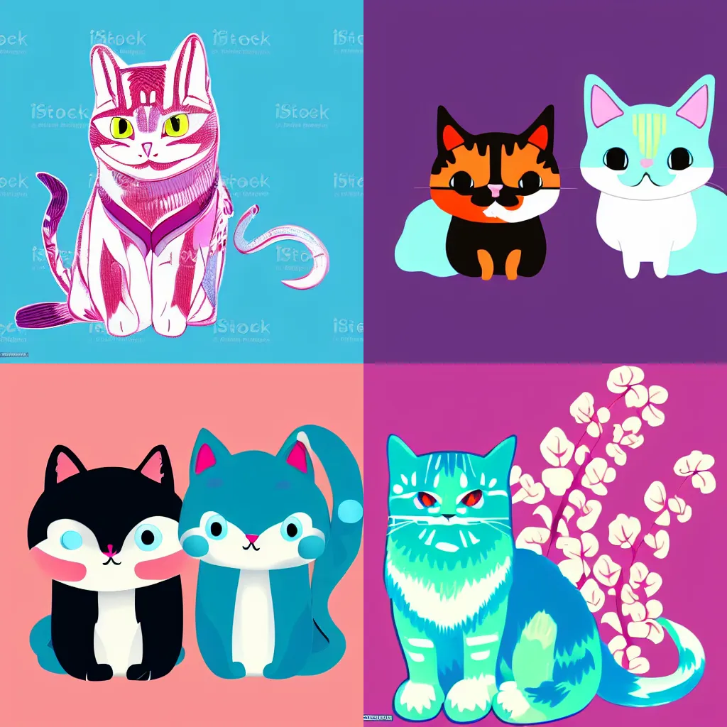 Prompt: cute japanese vector art of a cyan and magenta tabby cat, trending on artstation, 8 k, 4 k