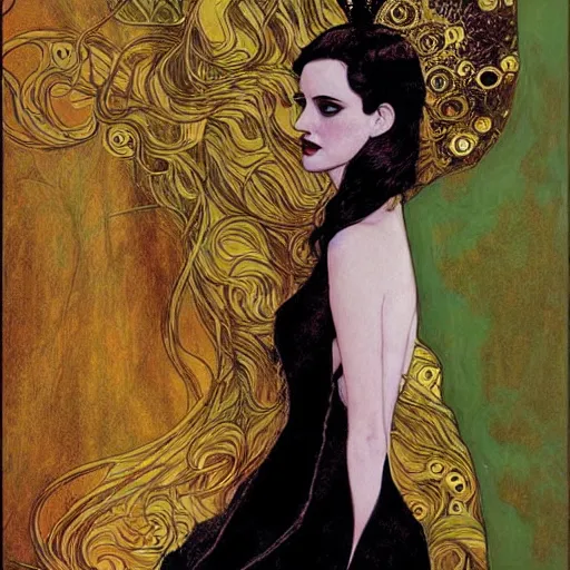 Image similar to portrait by joshua middleton of the young actress, eva green as queen of the emerald dead, vamp, elegant, decadent, stylised comic art, klimt, mucha, 1 9 7 0 s poster,