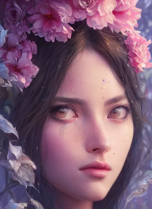 Prompt: beautiful, young woman, extremely detailed gorgeous face, looks realistic, hyper-detailed portrait, sad eyes tears, vaporwave aesthetic, synthwave, magical, fantasy, flowers, artist Artgerm and Greg Rutkowski and WLOP
