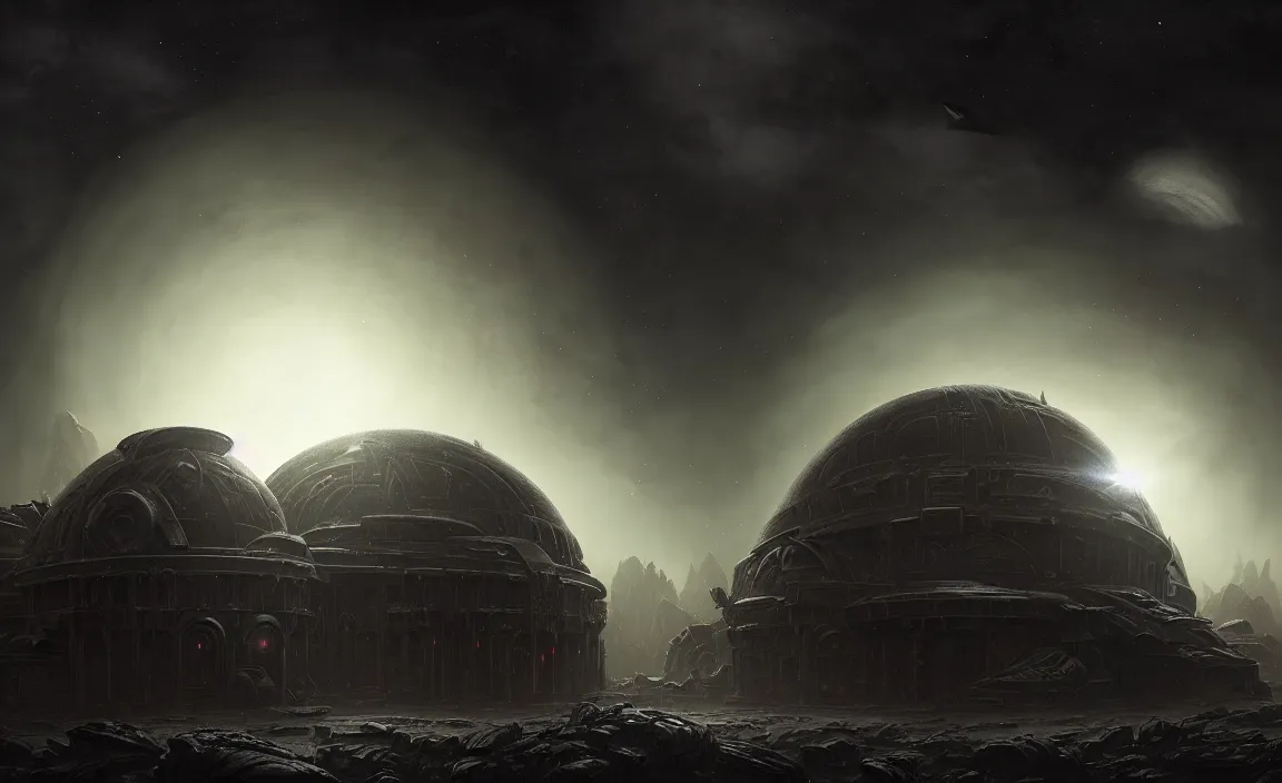 Image similar to epic professional sci - fi digital art of ruined domed planetary outpost, eerie atmospheric lighting, painted, detailed, intricate, impressive foreboding, by leesha hannigan, wayne haag, reyna rochin, ignacio fernandez rios, mark ryden, iris van herpen, hdr, 8 k, epic, stunning, gorgeous, much wow, cinematic, masterpiece