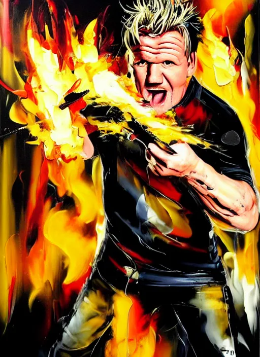 Image similar to gordon ramsay shooting guy fieri, shooting, muzzle flash, enraged, painting by phil hale, 'action lines'!!!, graphic style, visible brushstrokes, motion blur, blurry