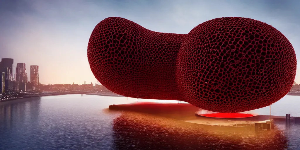 Image similar to An epic architectural rendering of a blob shaped trypophobia house with a mysterious red glow emitting from inside in a modern cityscape next to a river, stunning, gorgeous, golden ratio, photorealistic, featured on artstation, 4k resolution