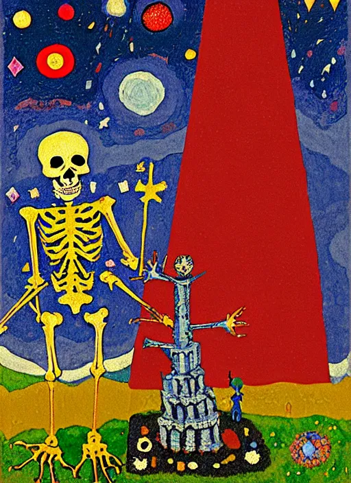 Image similar to pixel decollage painting tarot lovers card composition tower of babel road red armor maggot bear and wonky alien frog skeleton knight on a horse in a dark red cloudy night sky with golden foil jewish stars and diamonds, mountain lake and blossoming field in background, painted by Mark Rothko, Helen Frankenthaler, Danny Fox and Hilma af Klint, pixelated, neo expressionism, semi naive, pastel colors, cinematic, color field painting, cave painting, voxel, pop art look, outsider art, minimalistic. Bill Traylor painting, part by Philip Guston, Amano and Francis Bacon. art by Adrian Ghenie and Storm Thorgerson, very coherent symmetrical artwork, cinematic, hyper realism, high detail, octane render, unreal engine, Smooth gradients, depth of field, full body character drawing, extremely detailed, 8k, extreme detail, intricate detail, masterpiece