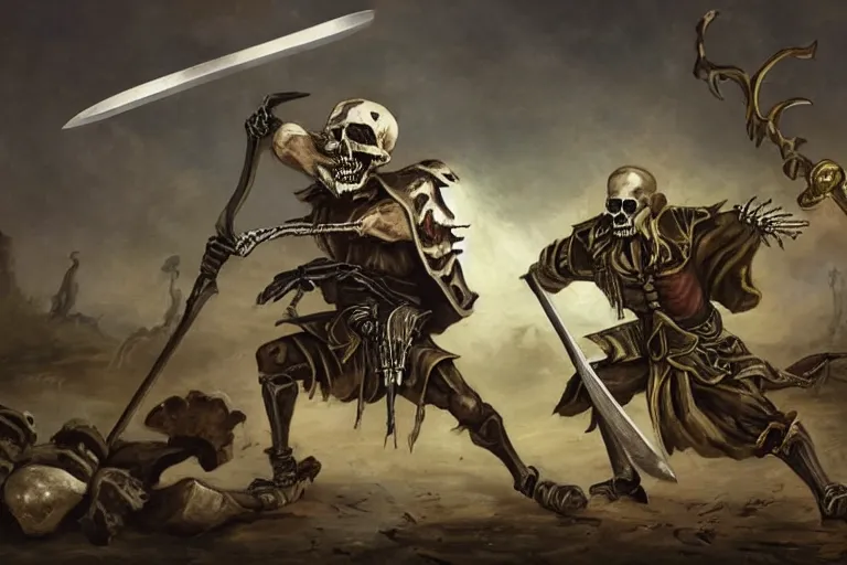 Image similar to man dueling a skeleton warrior with a sword