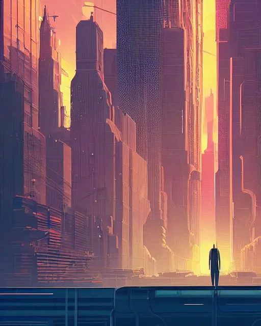 Image similar to beautiful painting of a cyberpunk new york inspired by phillipe stark, art by mike winkelmann, golden hour, illustration, highly detailed, simple, smooth and clean vector curves, no jagged lines, vector art, smooth, artstation