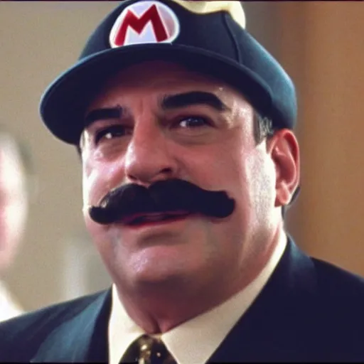 Prompt: mario in an episode of the sopranos ( 1 9 9 9 ), 4 k, cinematic, hbo, screencap, realistic, the sopranos, film footage. he looks very happy