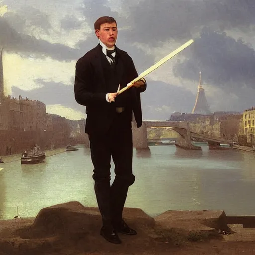 Image similar to mcgregor is dressed as a gentleman at early 2 0 th century paris. he is watching an easel. that easel has a canvas on it. ewan mcgregor has a brush on his hand. he is painting a painting. on background has river seine, morning sun, dark clouds, lightning, by william - adolphe bouguereau