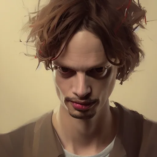 Image similar to very detailed masterpiece painting of matthew gray gubler, portrait, artstation, concept art by greg rutkowski