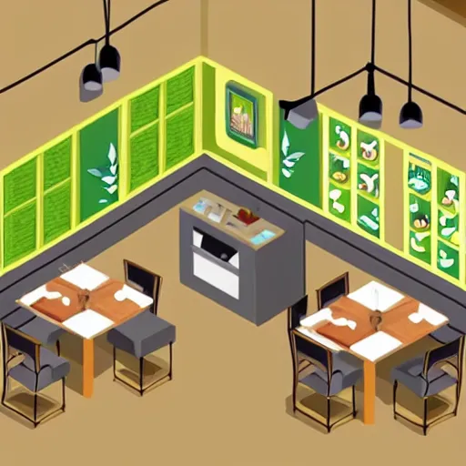 Image similar to hand - drawn minimalistic interior design of cannabis pot plant cafe, isometric, fun cute art