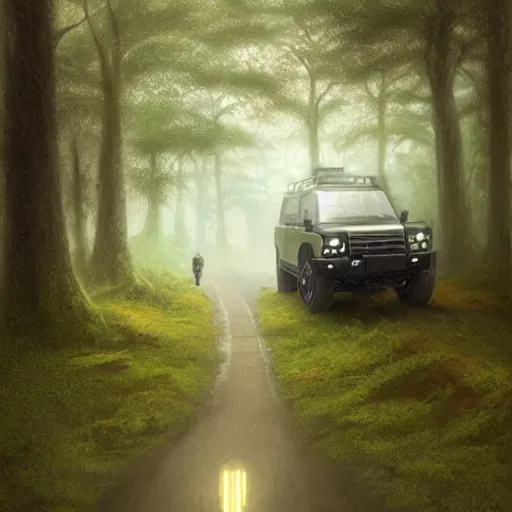 Image similar to a landrover crossing a forest path while its raining, digital art, artstation, photgraphy, highly detailed, digital painting, artstation, concept art, sharp focus, illustration, art by greg rutkowski and artgerm