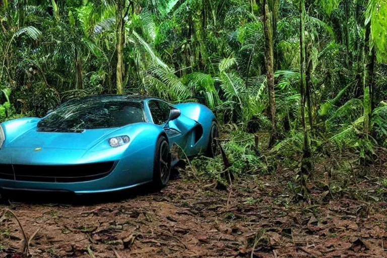 Prompt: A supercar running in the Amazon forest