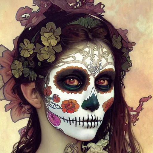 Image similar to realistic detailed painting of a cute Día de los Muertos girl by Alphonse Mucha HR Giger Ayami Kojima Amano Charlie Bowater, masterpiece