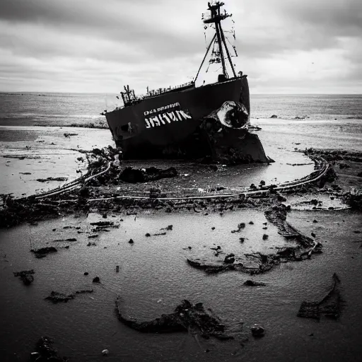 Image similar to crashed cargo ship leaking mysterious black gooey liquid, mysterious black slime, black gooey liquid leaking out of crashed cargo ship, apocalyptic, ruined, container ship, crashed, 8 5 mm f / 1. 4