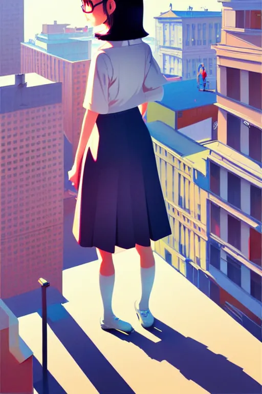 Image similar to a cute giantess wearing school uniform standing in the city which seem small, bird's eye view, strong brush stroke, sharp focus, illustration, morandi color scheme, art station, by ilya kuvshinov