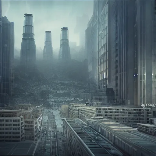 Image similar to octane render, city nuclear fall - out, matte painting, future city