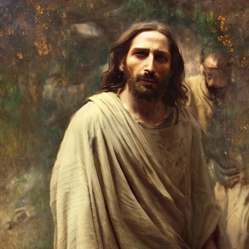 Prompt: detailed rendered 8 k photograph imax and solomon joseph solomon and richard schmid and jeremy lipking victorian loose genre loose painting full length portrait painting of jesus