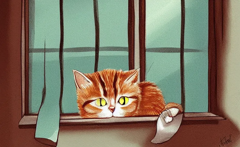 Prompt: cat on window, inside house in village, calm, warm, cozy, digital art, sweet home, cute, naive, detailed